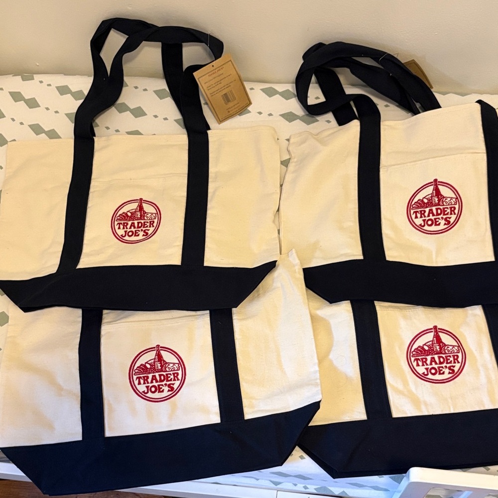 NWT Set of 4 Trader Joe's Canvas Tote Blue and White Large Bags